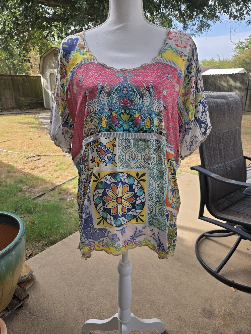 Johnny Was Multicolor Patchwork Scoop Neck Tunic - Pink Yellow Blue